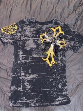 Men's Black Distressed Graphic Cross T-Shirt with Yellow Accent